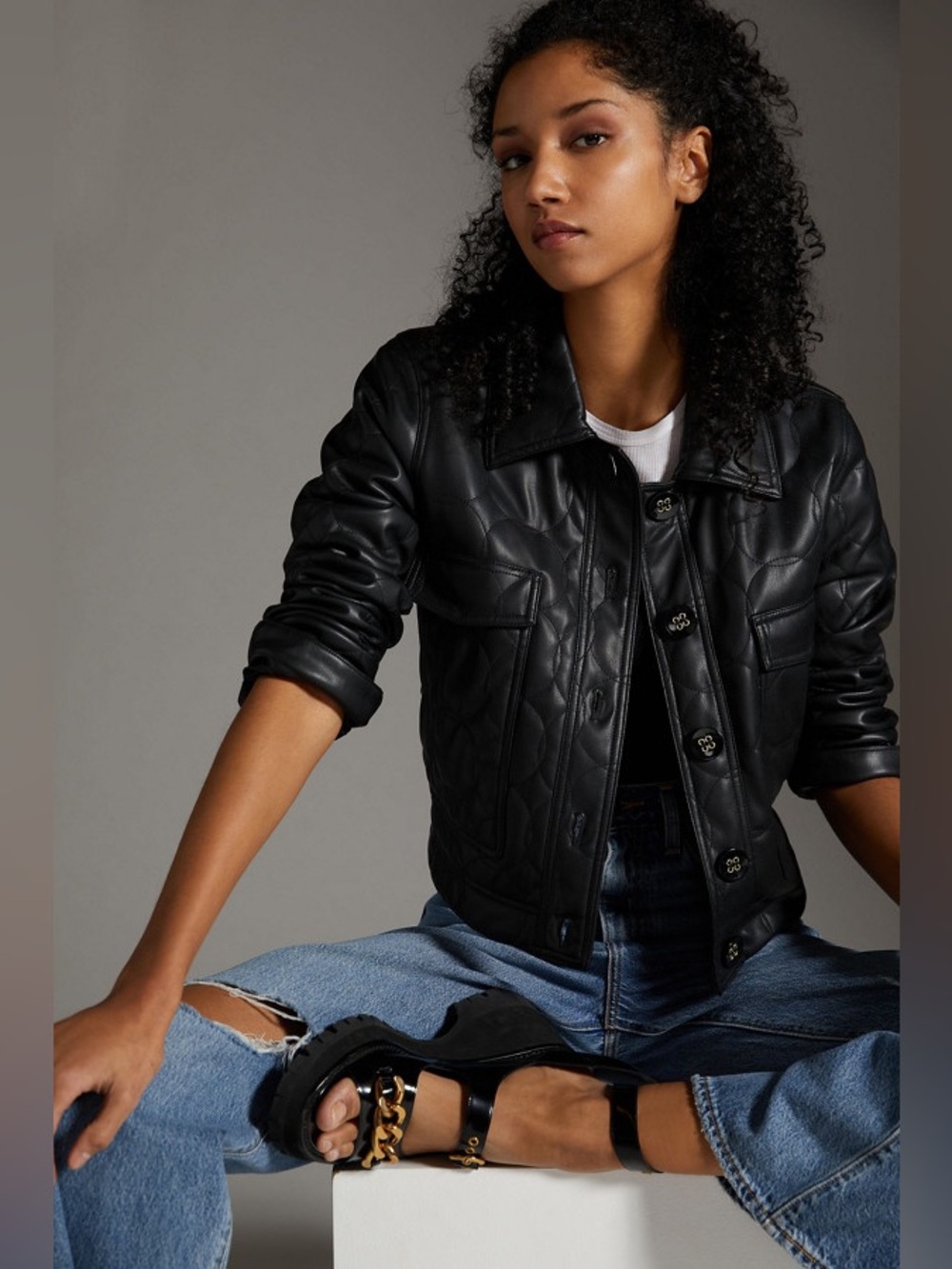 ANTHROPOLOGIE Maeve Black Quilted Cropped Vegan Leather Jacket Size 6